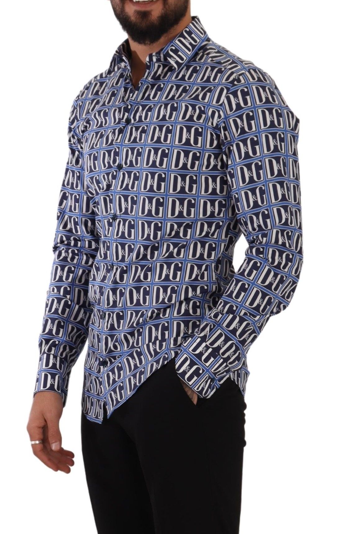 Chemise en coton à manches longues à rayures bleues et logo "Mania" de Dolce & Gabbana, coupe slim.
