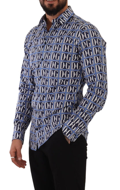 Chemise en coton à manches longues à rayures bleues et logo "Mania" de Dolce & Gabbana, coupe slim.