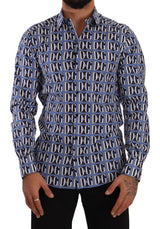 Chemise en coton à manches longues à rayures bleues et logo "Mania" de Dolce &amp; Gabbana, coupe slim.