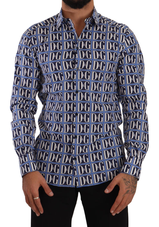 Chemise en coton à manches longues à rayures bleues et logo "Mania" de Dolce & Gabbana, coupe slim.