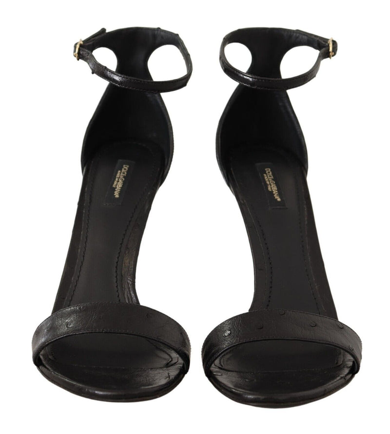 Dolce & Gabbana Black Ostrich Ankle Strap Heels Sandals