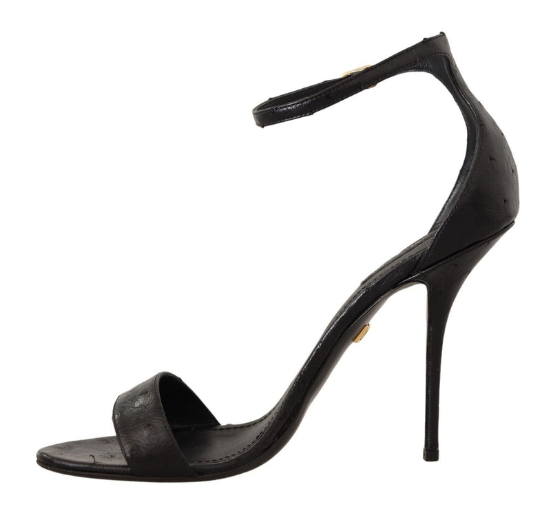 Dolce & Gabbana Black Ostrich Ankle Strap Heels Sandals