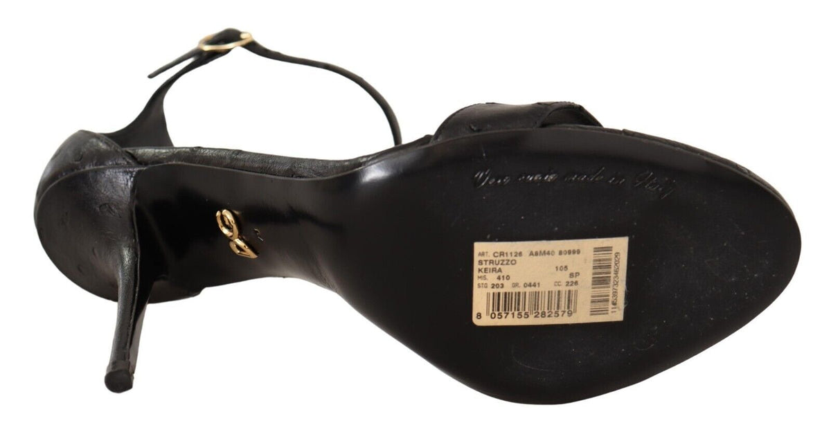 Dolce & Gabbana Black Ostrich Ankle Strap Heels Sandals