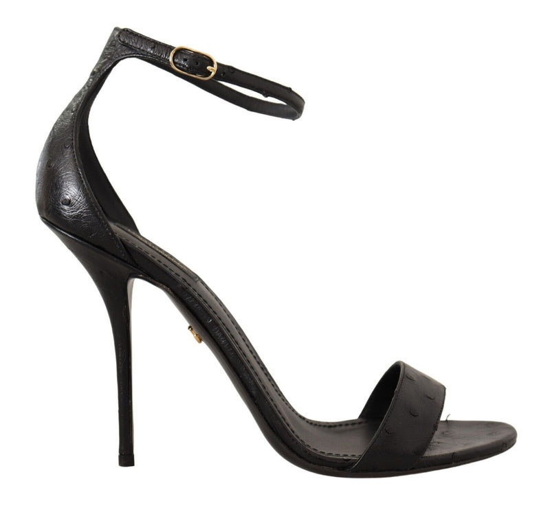 Dolce & Gabbana Black Ostrich Ankle Strap Heels Sandals