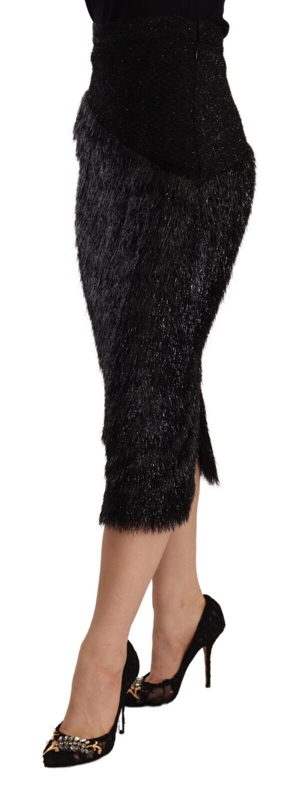 Jupe Midi Crayon Haute Taille en Tinsel Noir Masha Ma