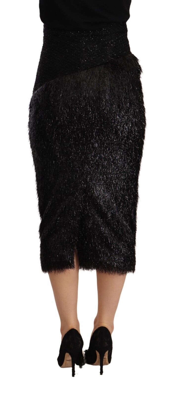 Jupe Midi Crayon Haute Taille en Tinsel Noir Masha Ma