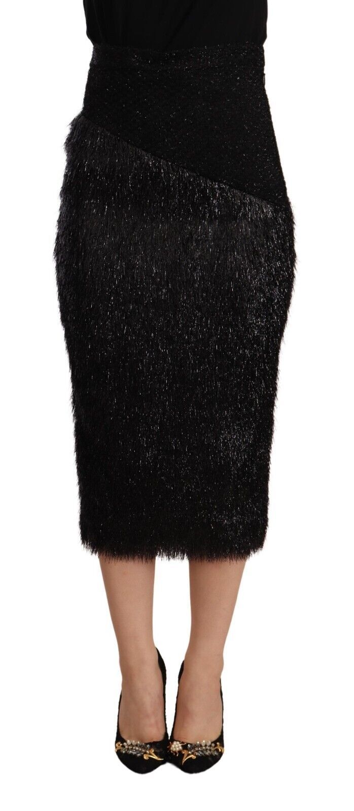 Jupe Midi Crayon Haute Taille en Tinsel Noir Masha Ma