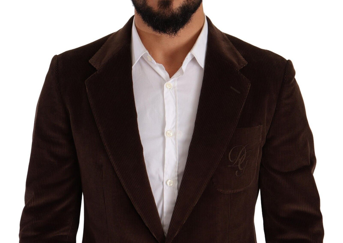 Dolce &amp; Gabbana, manteau en velours côtelé brun, coupe ajustée, blazer avec logo DG.