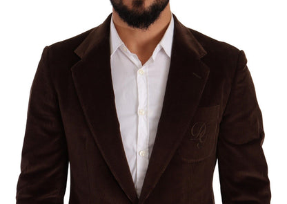 Dolce & Gabbana, manteau en velours côtelé brun, coupe ajustée, blazer avec logo DG.