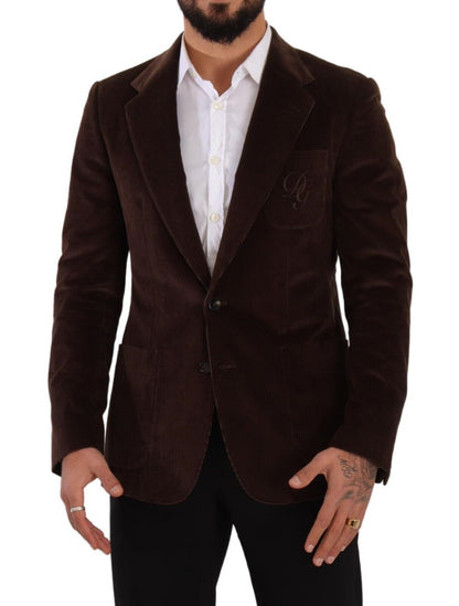 Dolce & Gabbana, manteau en velours côtelé brun, coupe ajustée, blazer avec logo DG.