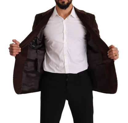 Dolce & Gabbana, manteau en velours côtelé brun, coupe ajustée, blazer avec logo DG.