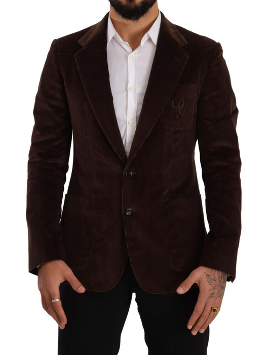Dolce & Gabbana, manteau en velours côtelé brun, coupe ajustée, blazer avec logo DG.
