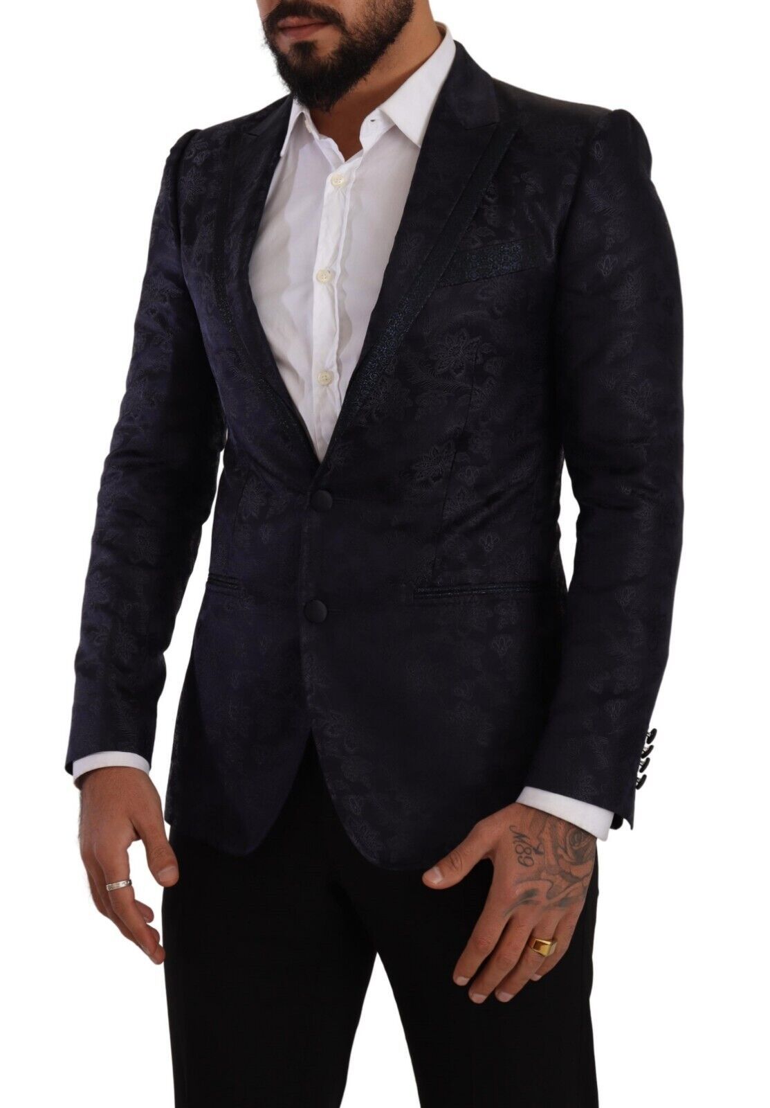 Dolce &amp; Gabbana, manteau en soie jacquard bleu à motifs floraux, veste MARTINI.