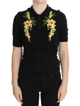 Polo en soie noire brodé de fleurs de Dolce &amp; Gabbana