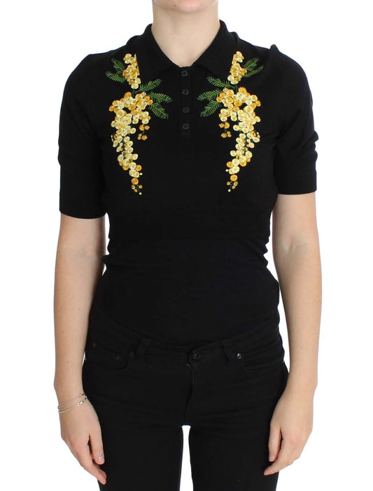 Polo en soie noire brodé de fleurs de Dolce & Gabbana