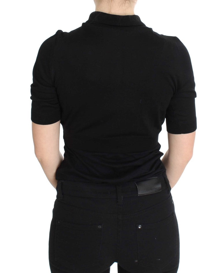 Polo en soie noire brodé de fleurs de Dolce & Gabbana