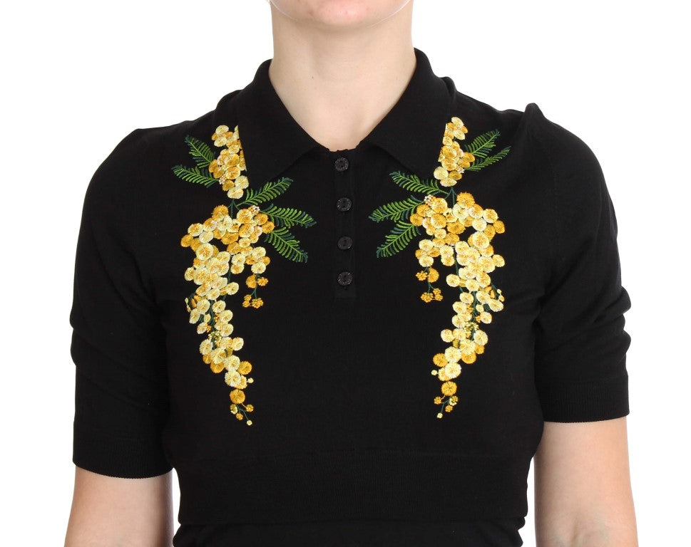 Polo en soie noire brodé de fleurs de Dolce & Gabbana