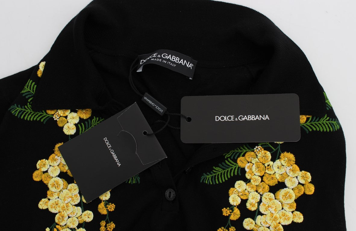Polo en soie noire brodé de fleurs de Dolce & Gabbana