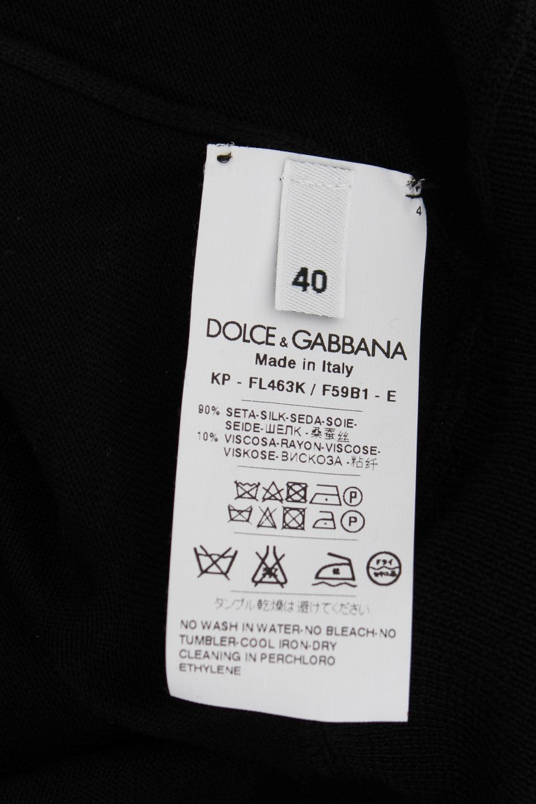 Polo en soie noire brodé de fleurs de Dolce & Gabbana