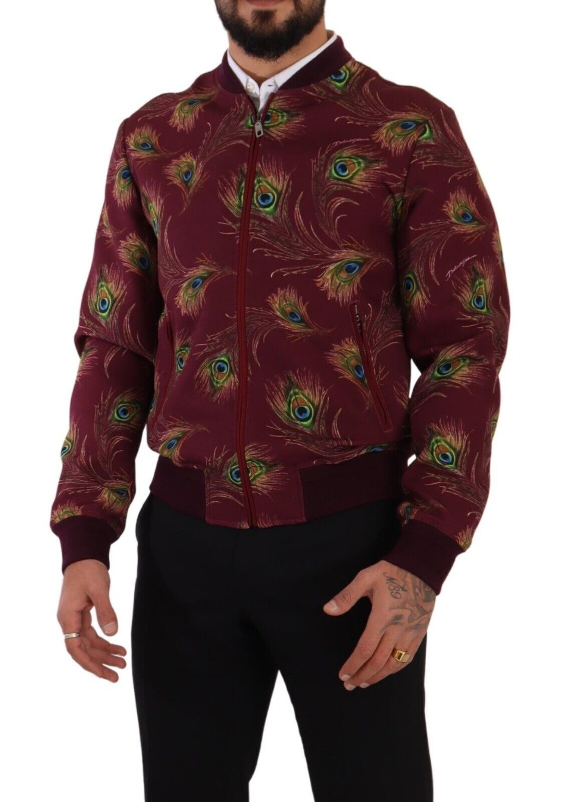Veste à fermeture éclair intégrale en polyester extensible rouge à motif paon de Dolce & Gabbana