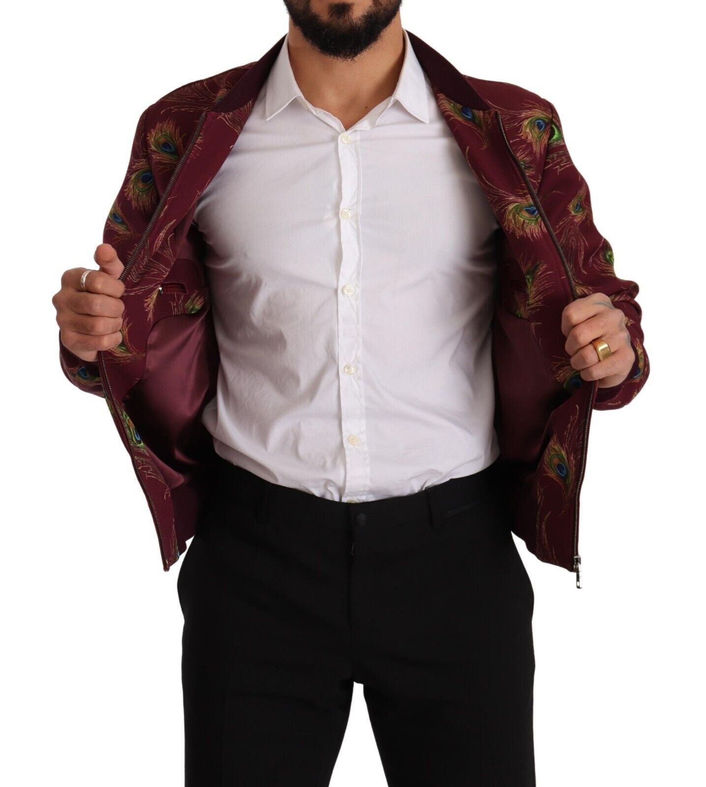 Veste à fermeture éclair intégrale en polyester extensible rouge à motif paon de Dolce & Gabbana