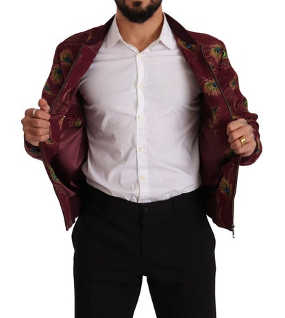 Veste à fermeture éclair intégrale en polyester extensible rouge à motif paon de Dolce & Gabbana