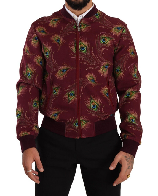 Veste à fermeture éclair intégrale en polyester extensible rouge à motif paon de Dolce & Gabbana