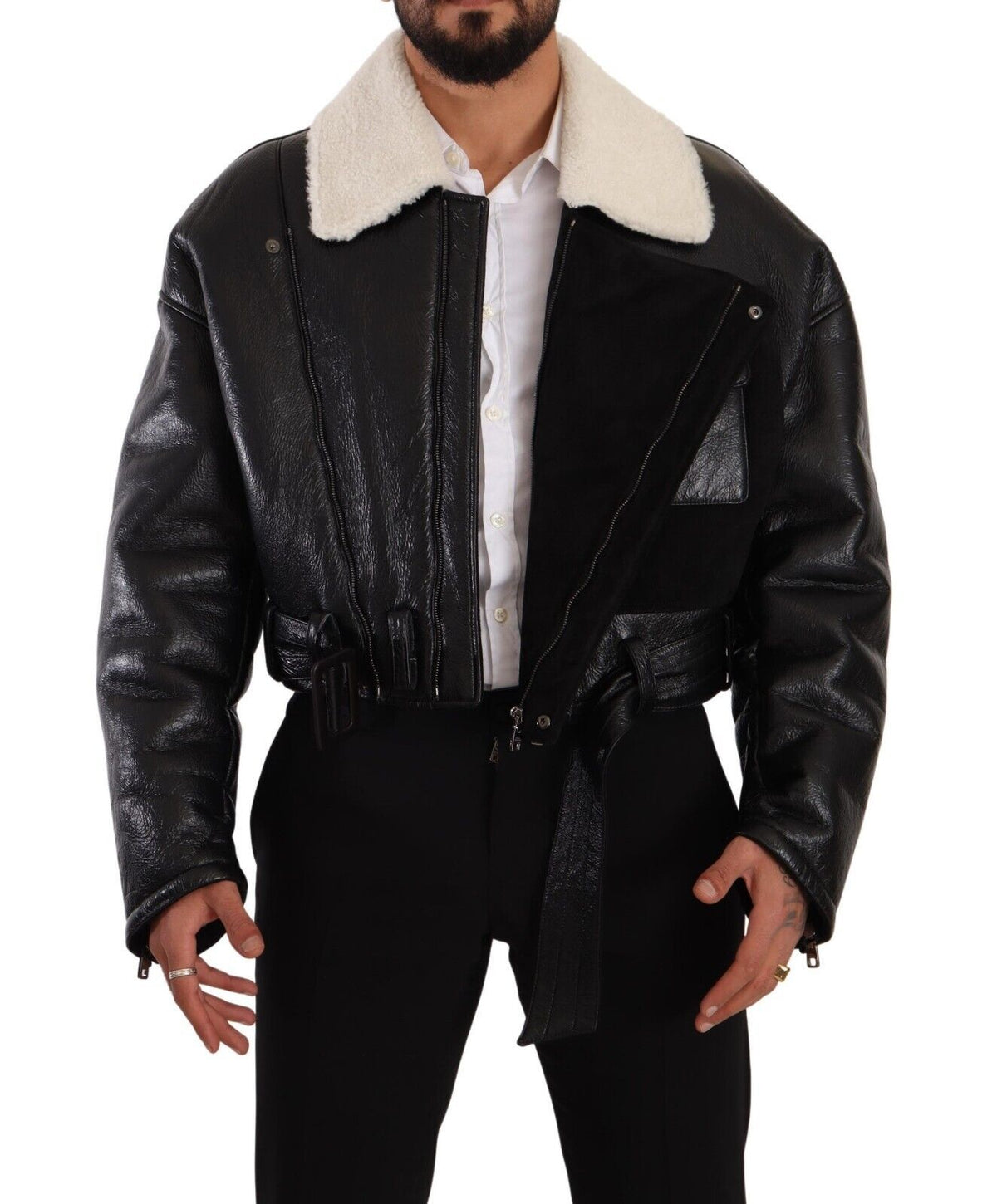 Dolce & Gabbana Veste motard en cuir noir et mouton