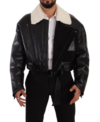 Dolce & Gabbana Veste motard en cuir noir et mouton