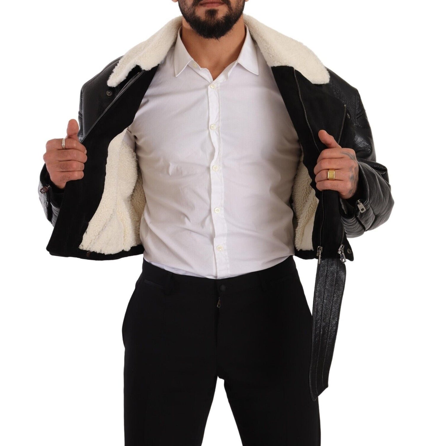 Dolce & Gabbana Veste motard en cuir noir et mouton