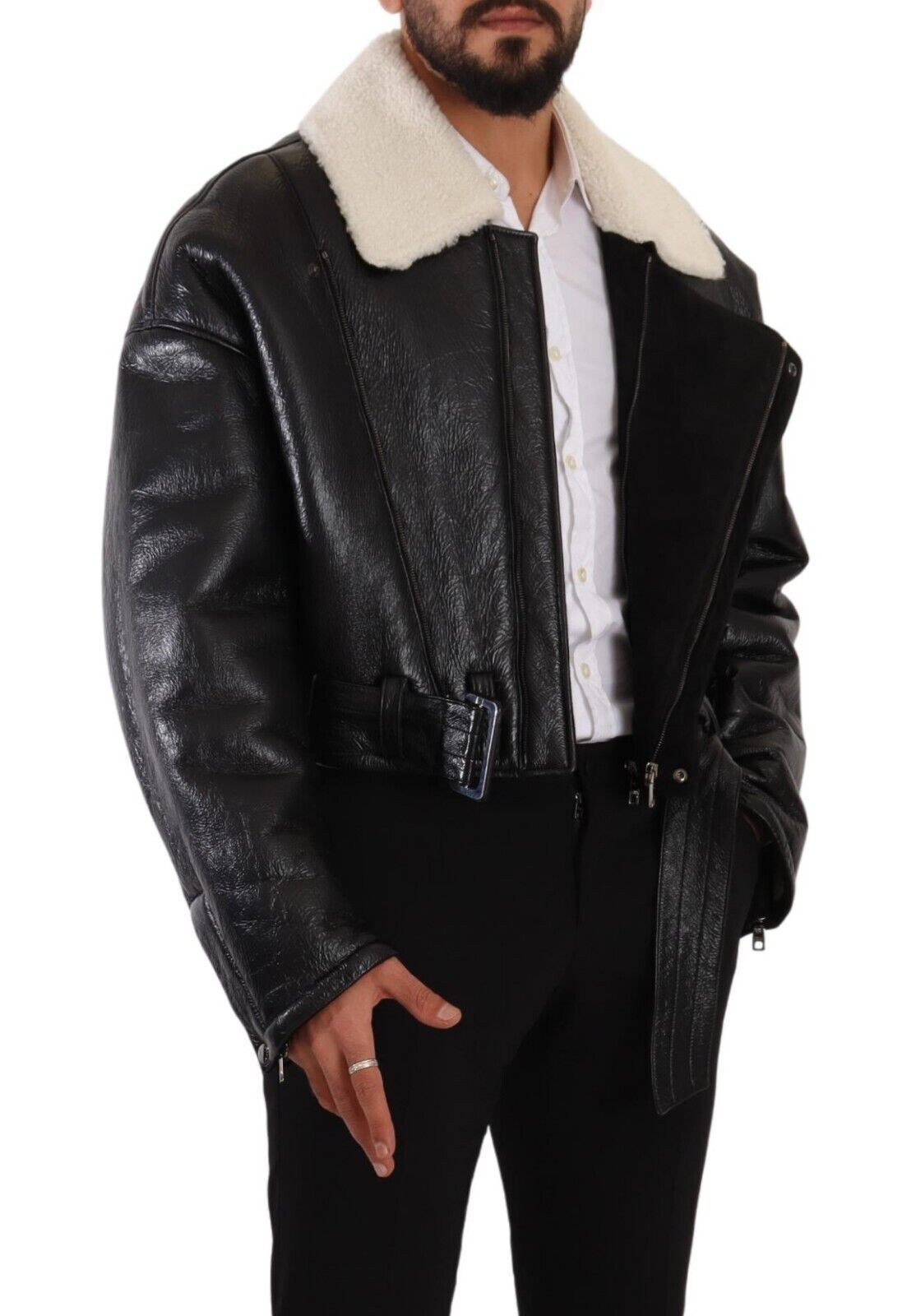 Dolce & Gabbana Veste motard en cuir noir et mouton