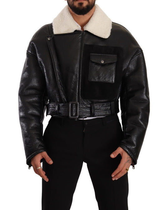 Dolce & Gabbana Veste motard en cuir noir et mouton