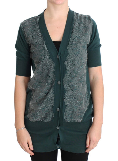 PINK MEMORIES Pull cardigan en coton à dentelle verte