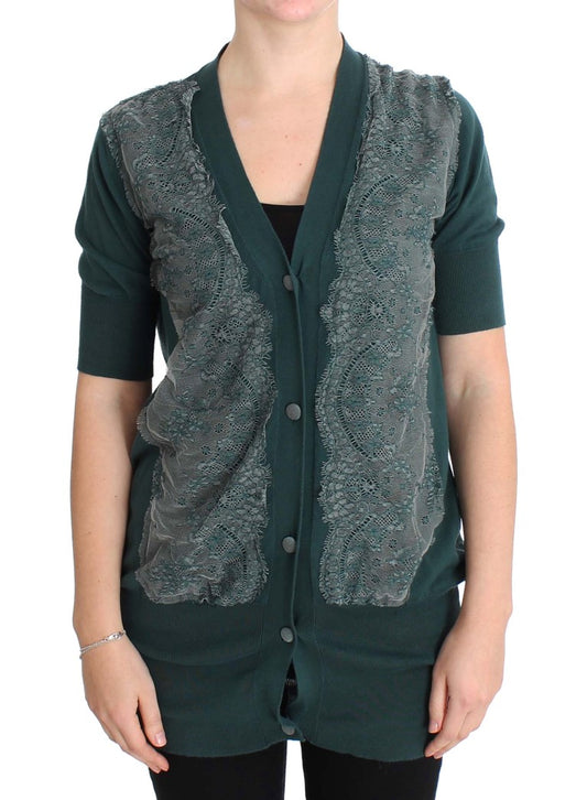 PINK MEMORIES Pull cardigan en coton à dentelle verte