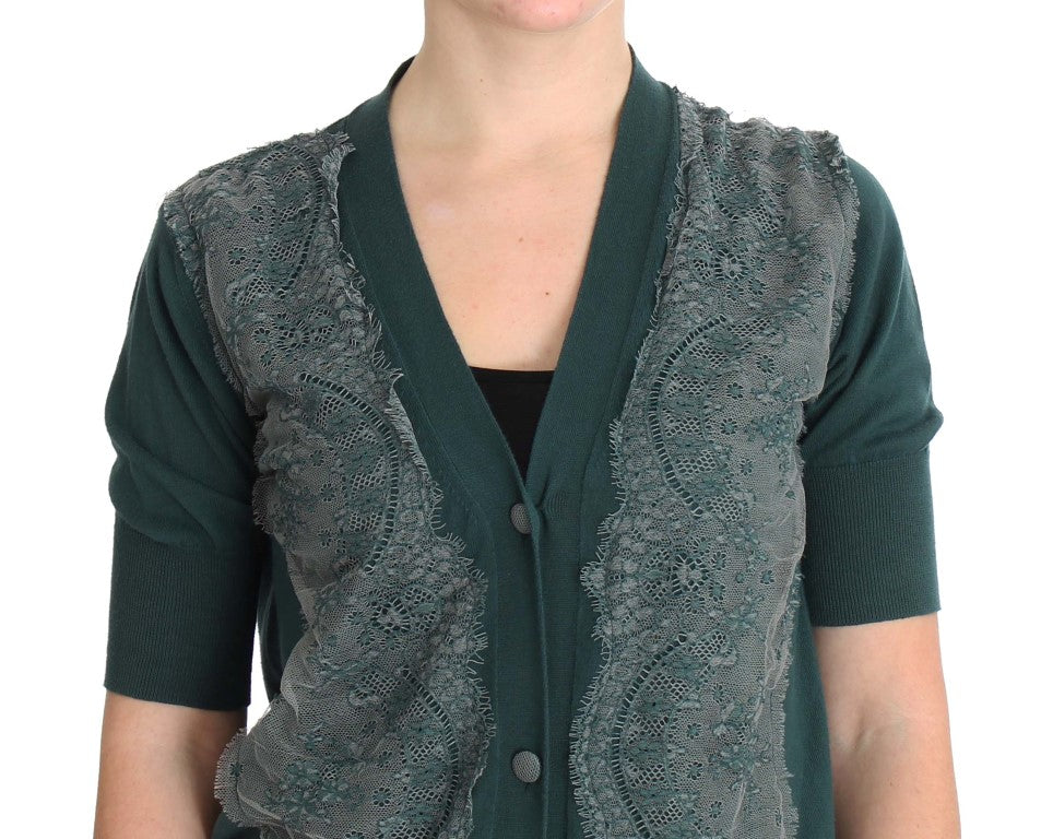 PINK MEMORIES Pull cardigan en coton à dentelle verte