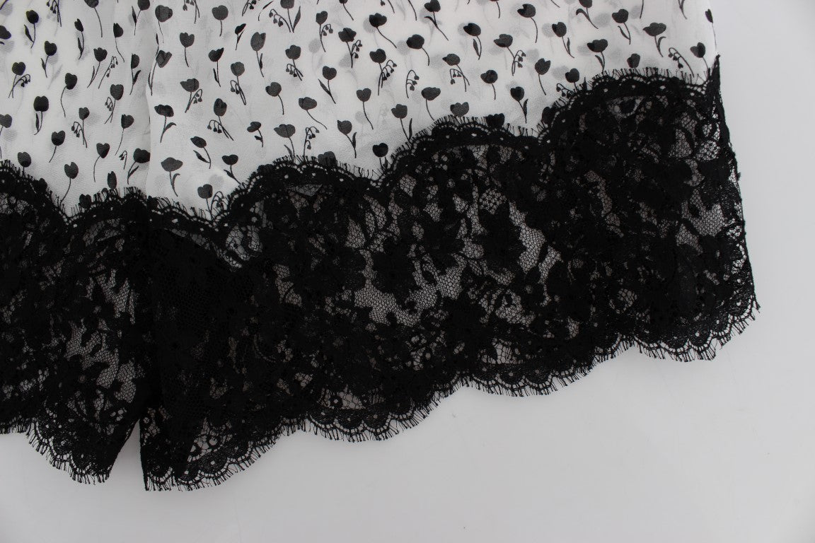 Short de pyjama en soie brodé de dentelle florale blanche et noire de Dolce & Gabbana