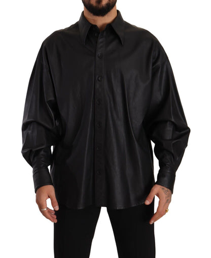 Veste en cuir noir à col boutonné pour homme de Dolce & Gabbana