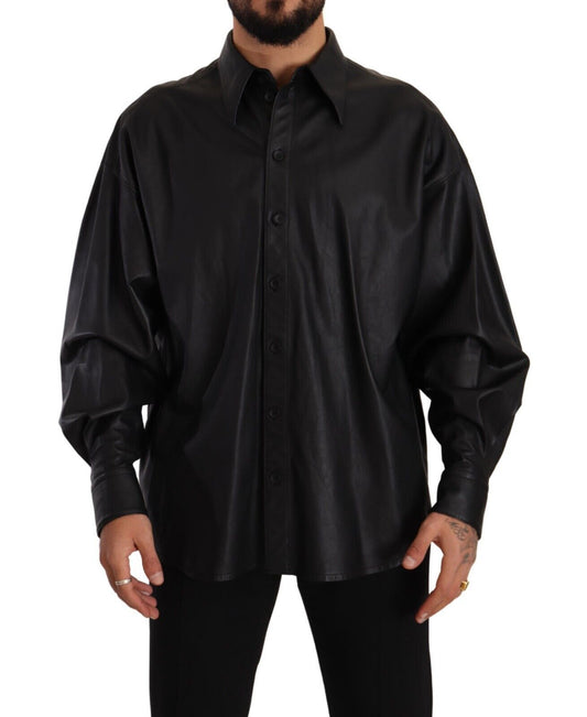 Veste en cuir noir à col boutonné pour homme de Dolce & Gabbana
