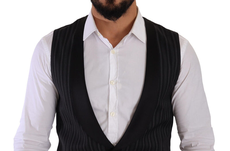 Dolce & Gabbana Black Striped Wool Silk Waistcoat Vest