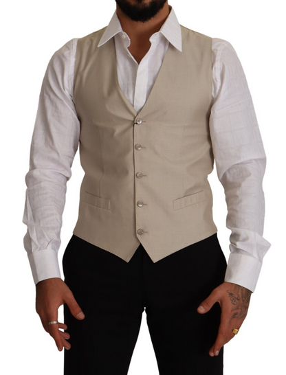 Gilet sans manches en coton et soie beige, coupe ajustée, Dolce & Gabbana