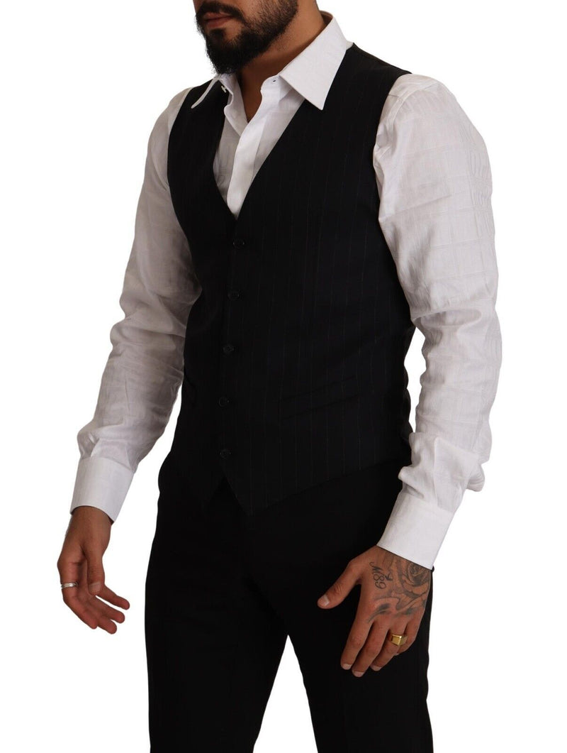Dolce & Gabbana Blue Striped Wool Stretch Waistcoat Vest
