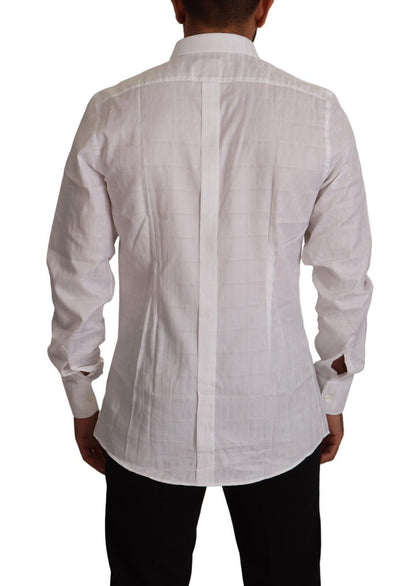 Chemise habillée blanche en coton, coupe slim, ornée de détails dorés, Dolce & Gabbana.