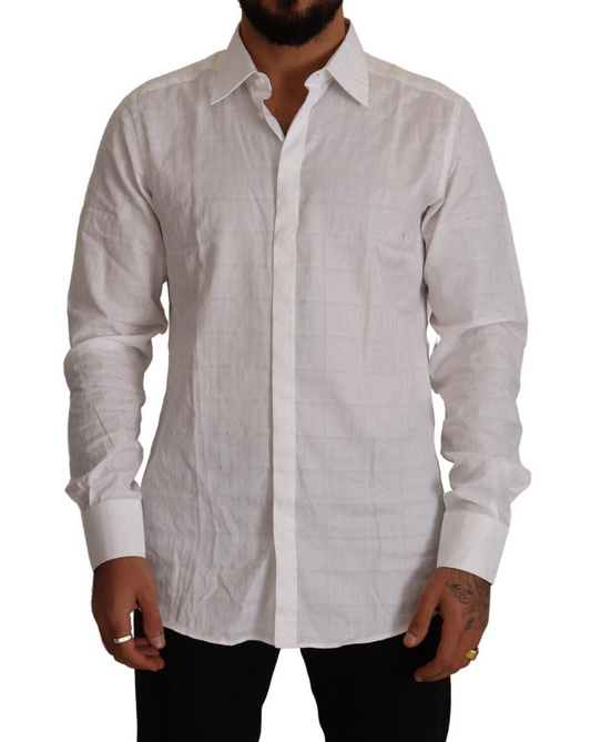 Chemise habillée blanche en coton, coupe slim, ornée de détails dorés, Dolce & Gabbana.