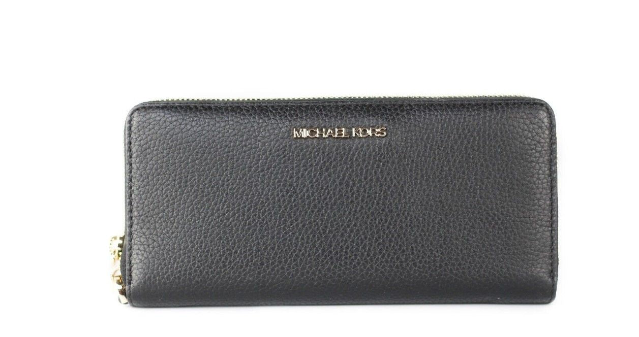 Michael Kors Jet Set Travel grote zwarte leren portemonnee met rits en handvat (Jet Set Travel Large Black Pebble Leather Continental Wrist Wallet)