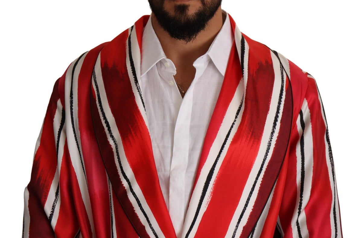 Dolce & Gabbana Red White Striped Silk Men's Nightgown Robe