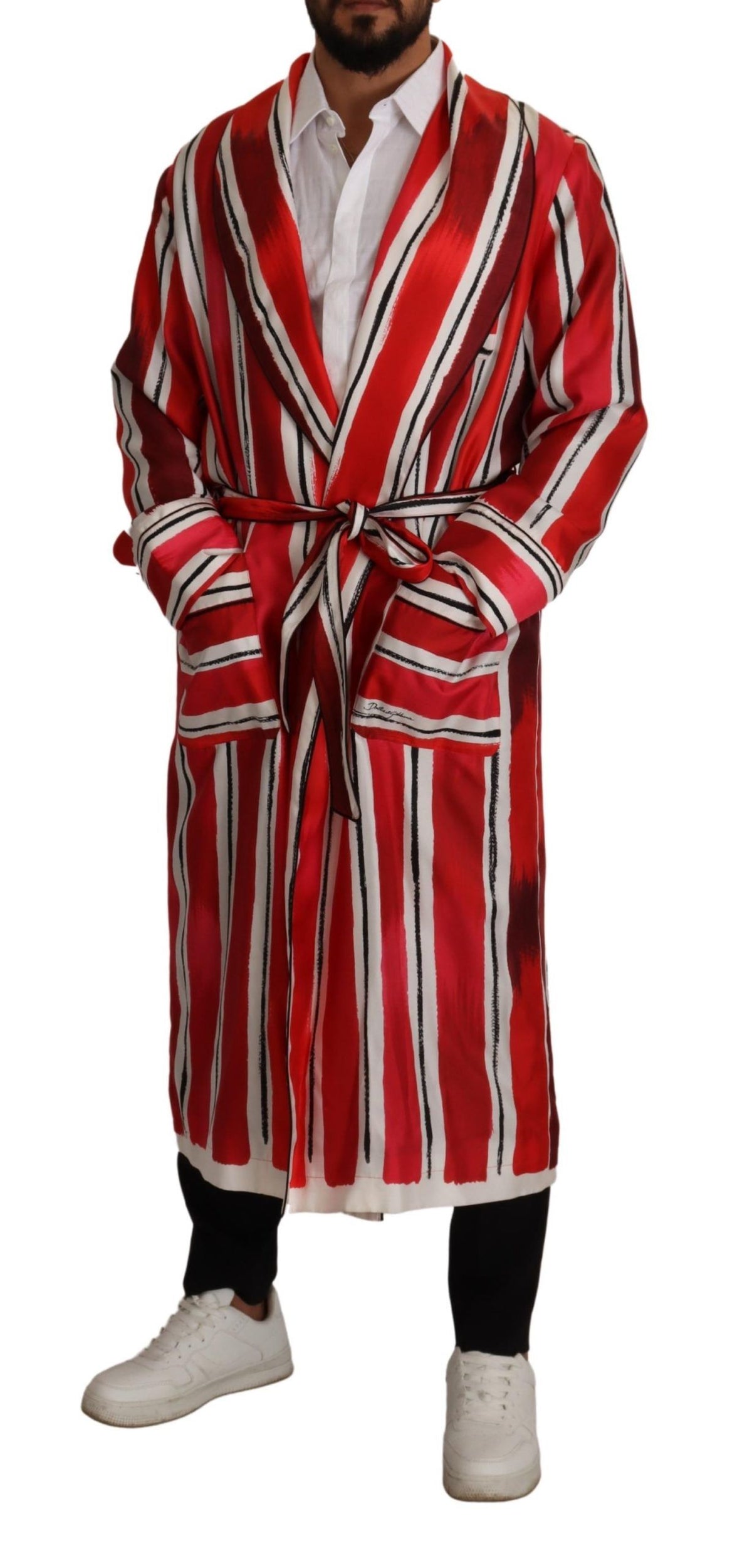 Dolce & Gabbana Red White Striped Silk Men's Nightgown Robe