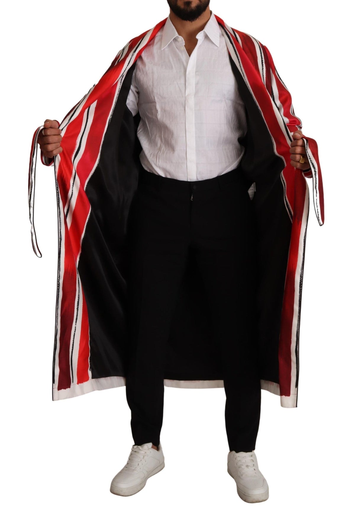 Dolce & Gabbana Red White Striped Silk Men's Nightgown Robe