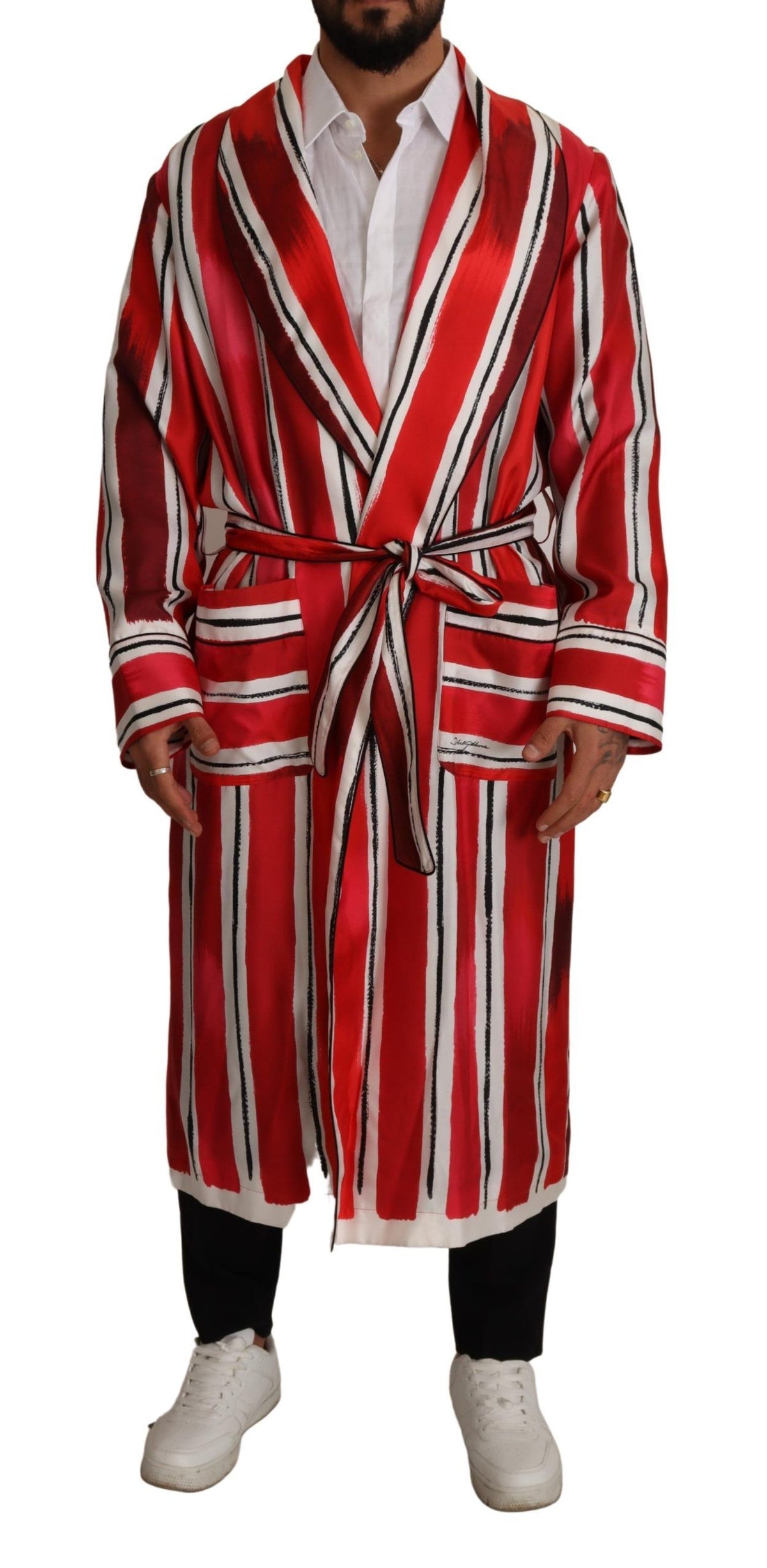 Dolce & Gabbana Red White Striped Silk Men's Nightgown Robe