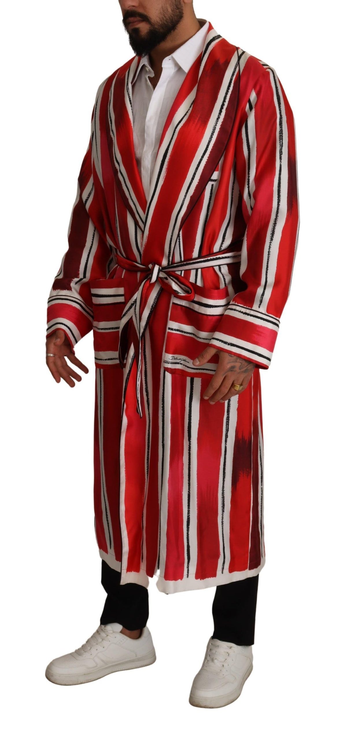 Dolce & Gabbana Red White Striped Silk Men's Nightgown Robe