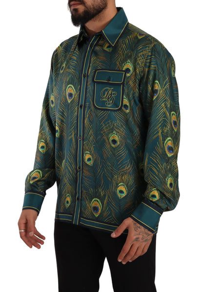 Chemise de pyjama en soie à imprimé plumes de paon Dolce & Gabbana pour homme